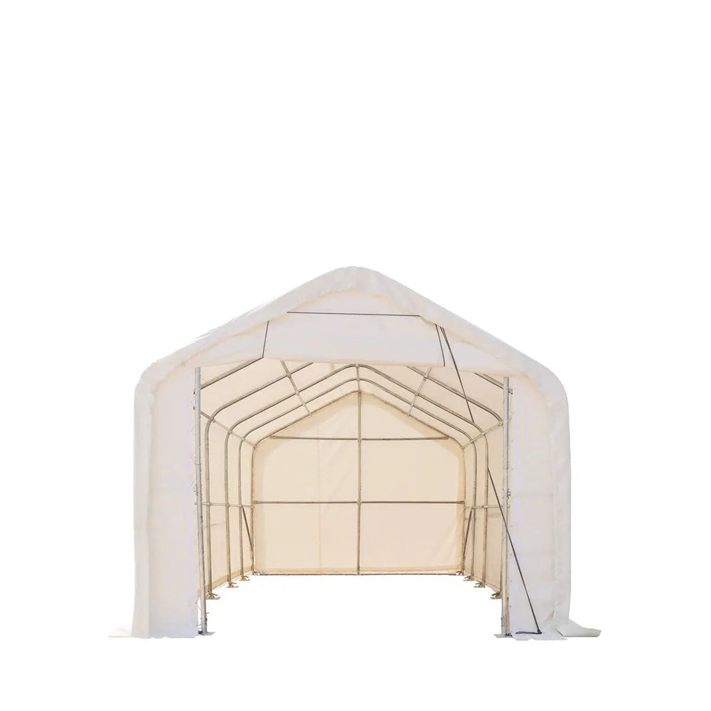 15’ x 25’ RV/Motorhome Storage Shelter, 17 oz PVC Fabric Cover, Front Roll-Up Door, Enclosed Rear Wall, 3-Layer Galvanized Steel Frame, 10’ Straight Sidewalls, TMG-ST1525