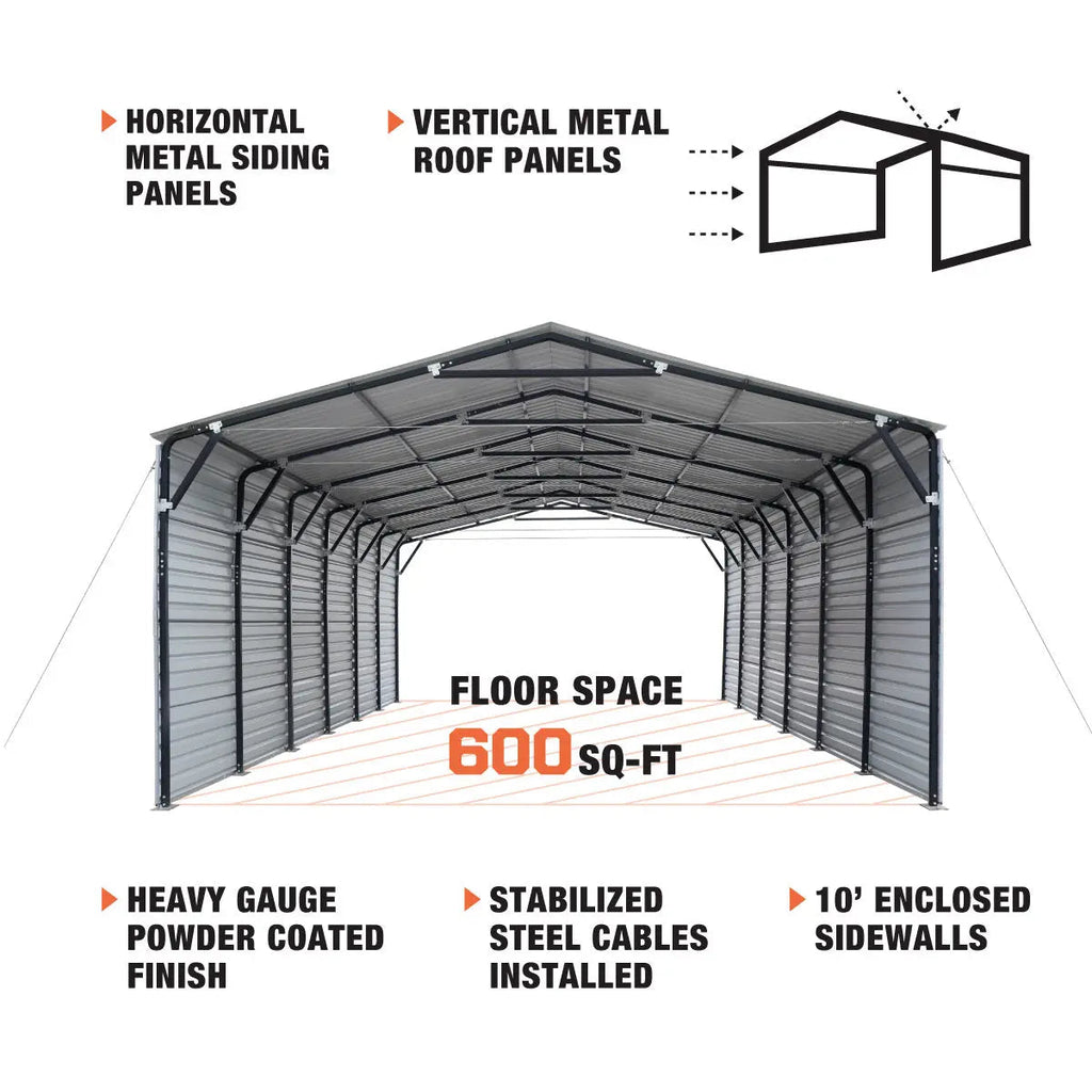 20’ x 30’ Metal Shed Carport, 10’ Enclosed Sidewalls, 600 Sq-Ft, 27 GA Corrugated Panels, TMG-MSC2030F