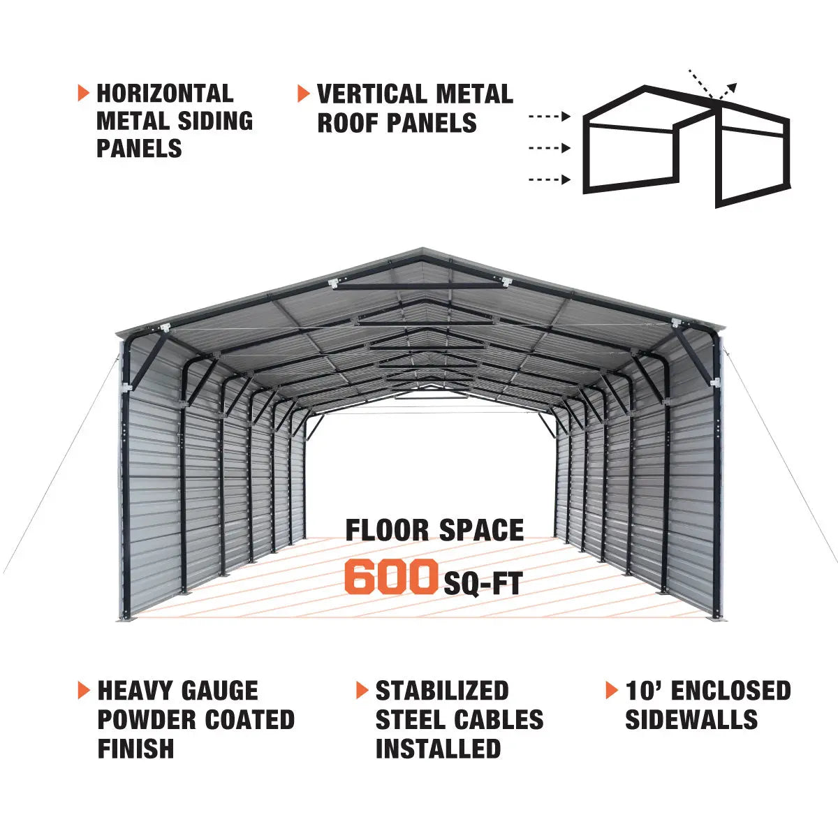 20’ x 30’ Metal Shed Carport, 10’ Enclosed Sidewalls, 600 Sq-Ft, 27 GA Corrugated Panels, TMG-MSC2030F
