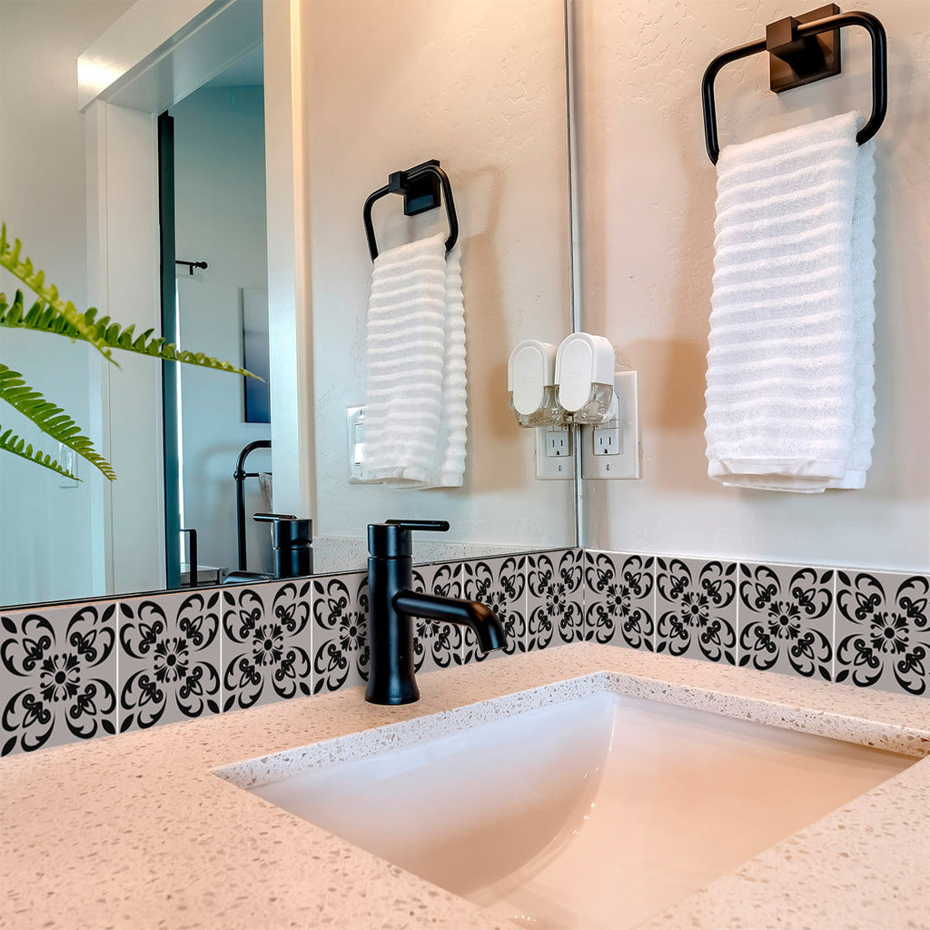 12" X 12" Black and White Orchid Peel and Stick Removable Tiles