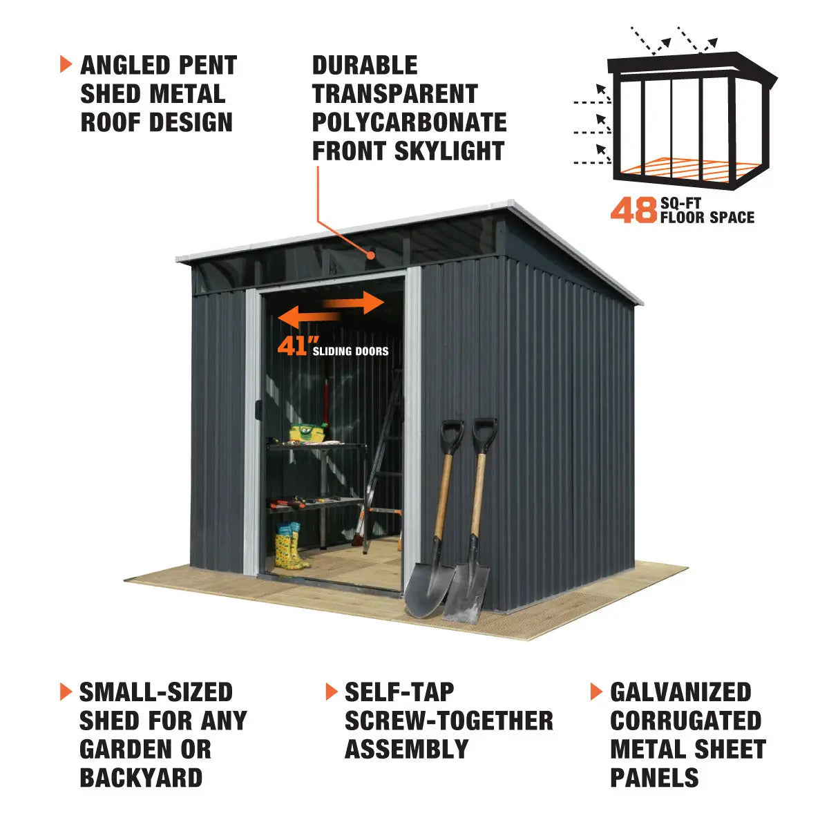 6’ x 8’ Galvanized Metal Pent Shed w/Skylight, 29 GA Corrugated Metal, 80" Peak Ceiling, TMG-MS0608P