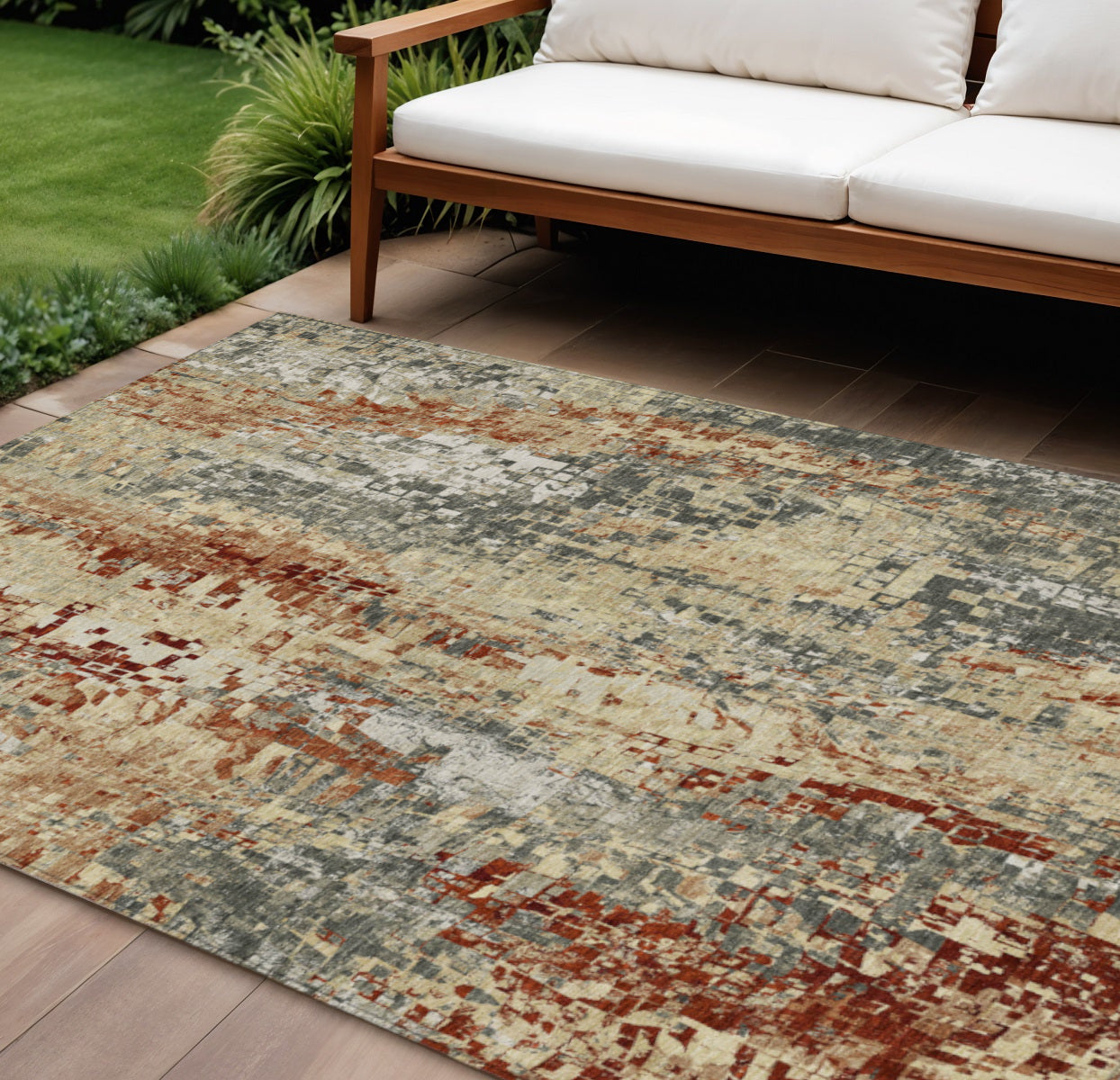 9' X 12' Pewter Rust And Gray Abstract Washable Indoor Outdoor Area Rug
