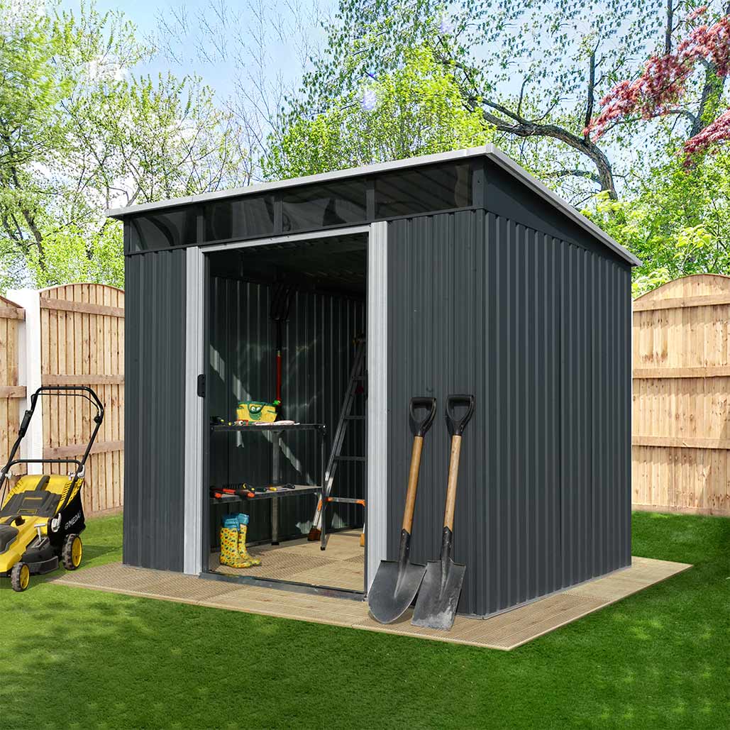 8’ x 9’ Galvanized Metal Pent Shed w/Skylight, 29 GA Corrugated Metal, 80" Peak Ceiling, TMG-MS0809P